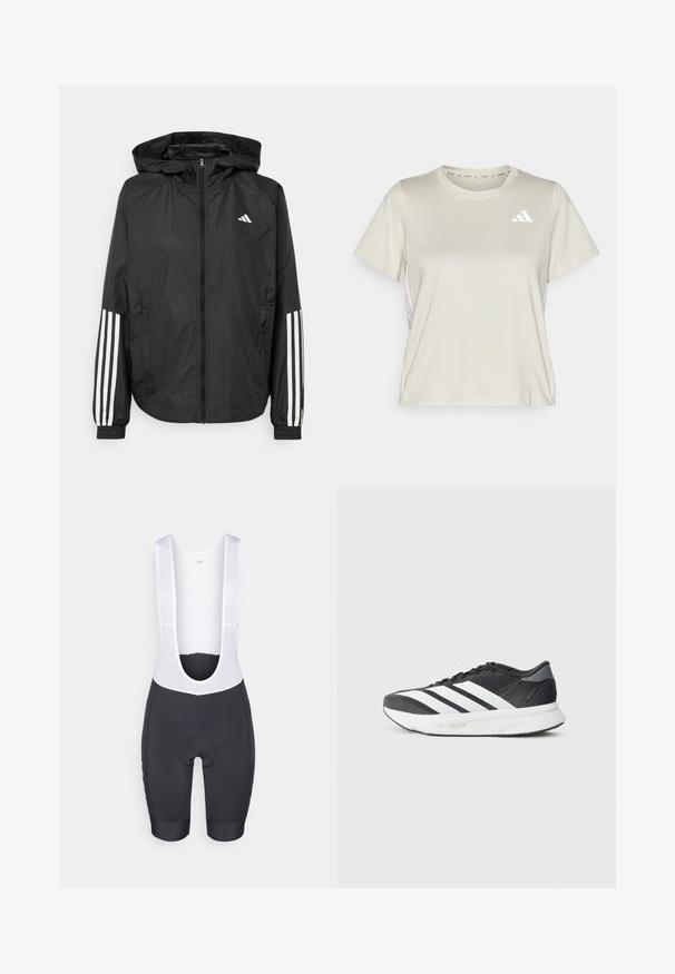 Fekete, könnyű dzseki kapucnival, teljes cipzárral, elasztikus mandzsettákkal és fehér, háromcsíkkal díszített ujjakon.; adidas Performance TRAIN ESSENTIALS 3STRIPES WORKOUT - Sportfelső - alumina/white; Fekete kerékpáros rövidnadrág fehér hálós pántokkal, párnázott ülésrésszel és logóval a szegély közelében. Az anyag sima megjelenésű, struktúrált illeszkedéssel.; Fekete sportcipő fehér csíkokkal, hálós felsőrésszel, párnázott talppal és karcsú kialakítással. Szürke hangsúlyok a sarokrészen és a nyelvén.