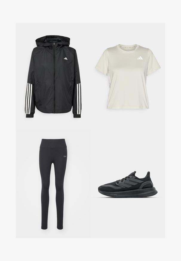 Chaqueta ligera negra con capucha, que cuenta con un cierre frontal de cremallera completa, puños elásticos y acentos blancos de tres rayas en las mangas.; adidas Performance TRAIN ESSENTIALS 3STRIPES WORKOUT - Camiseta deportiva - alumina/white; Leggings deportivos negros con una textura suave, cintura alta y detalles de costura. Presentan un pequeño logo en la parte frontal.; Zapatillas deportivas negras con parte superior de malla, paneles texturizados, detalle de tres rayas y suela curva etiquetada como "LIGHT BOOST".