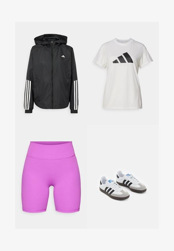 Chaqueta ligera negra con capucha, que cuenta con un cierre frontal de cremallera completa, puños elásticos y acentos blancos de tres rayas en las mangas.; Camiseta atlética blanca de tejido suave. Presenta mangas cortas y un gran logotipo negro de Adidas con tres rayas debajo.; adidas Performance ALL ME ESSENTIALS SHORT LEGGINGS - Leggings - purple burst; Zapatillas deportivas con parte superior de piel blanca, puntera de ante gris y tres rayas negras. Presentan un logo azul en la lengüeta y una suela de goma texturizada.
