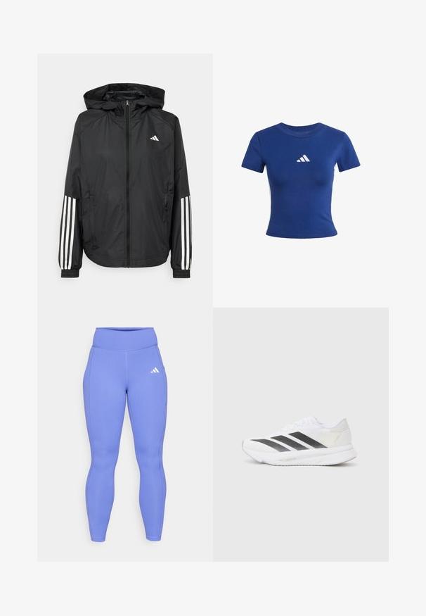 Giacca leggera nera con cappuccio, caratterizzata da una zip frontale completa, polsini elastici e accenti bianchi a tre strisce sulle maniche.; T-shirt in cotone blu a maniche corte, con il logo bianco Adidas sul petto e pannelli laterali bianchi a contrasto.; Leggings viola a coste realizzati in tessuto elasticizzato, con vita alta e un piccolo logo bianco sulla coscia superiore.; Scarpa sportiva bianca con strisce diagonali nere, tomaia in rete, punta arrotondata e suola testurizzata. Gli accenti includono un tallone argentato e un design minimalista.
