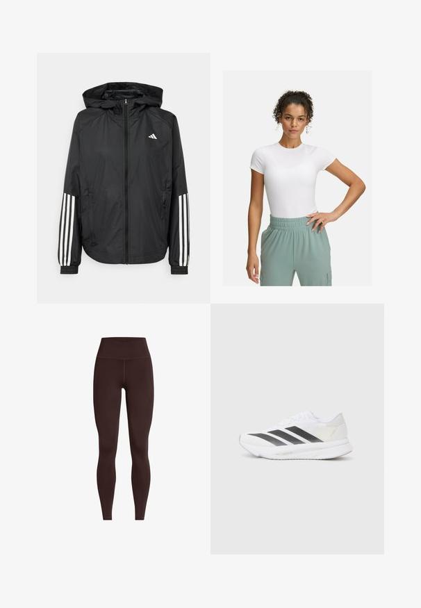 Črna lahka jakna s kapuco, z polnim zadrgo spredaj, elastikami na zapestjih in belimi tridelnimi poudarki na rokavih.; Bela prilegajoča majica s kratkimi rokavi, kombinirana z lahkimi hlačami z elastičnim pasom v svetlo zeleni barvi. Gladka tekstura, minimalistična zasnova in brez vidnih vzorcev.; Rjave hlače z visokim pasom, izdelane iz gladkega in raztegljivega materiala; imajo ravne šive in prilegajočo se zasnovo za udobje in oporo.; Bela atletska čevlja z črnimi diagonali, mrežastim zgornjim delom, zaobljenim nosom in teksturirano podplatom. Dodatki vključujejo srebrno peto in minimalističen dizajn.