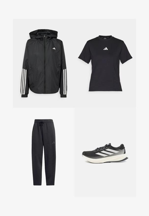 Sort letvægtsjakke med hætte, der har fuld lynlås fortil, elastiske manchetter og hvide tre-stribede detaljer på ærmerne.; Sort kortærmet T-shirt lavet af blødt stof. Har et hvidt Adidas-logo og kontrastfarvede hvide striber langs siderne.; Sorte sweatpants lavet af blødt stof, med en elastisk talje med snøre, lige ben og et diskret logo på låret.; Sort atletik sko med mesh-overdel, hvide accenter og en tyk hvid mellemsål. Har snørebånd og et lavprofil design.