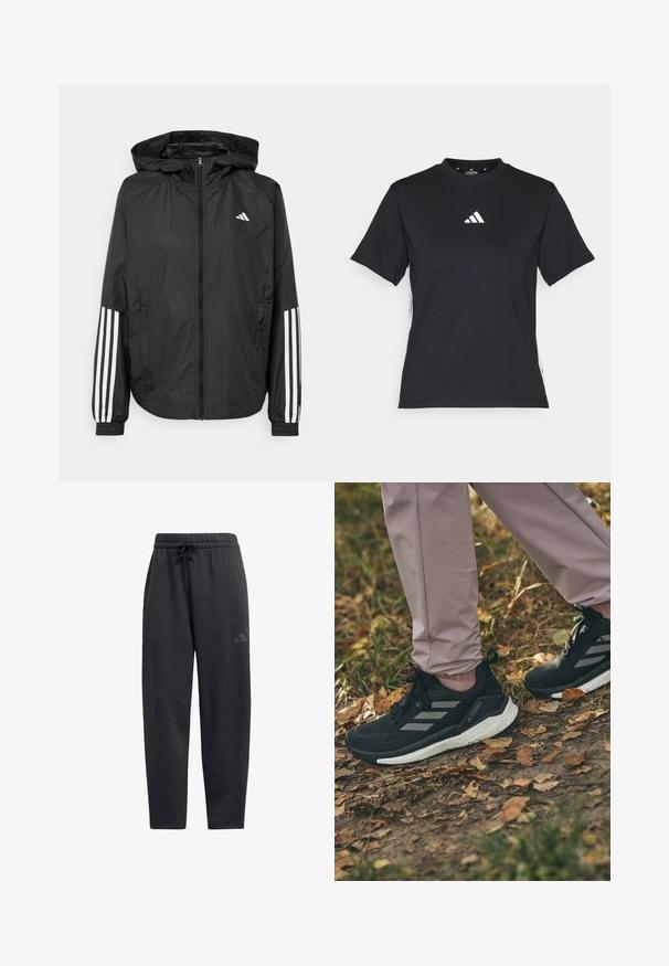 Black lightweight jacket with a hood, featuring a full zip front, elastic cuffs, and white three-stripe accents on sleeves.; Black short-sleeve T-shirt made of soft fabric. Features a white Adidas logo and contrasting white stripes along the sides.; Black sweatpants made of soft fabric, featuring an elastic waistband with a drawstring, straight legs, and a discreet logo on the thigh.; Black athletic shoes with light gray stripes, featuring a textured upper, white cushioning sole, worn with light pink pants, on a leaf-covered ground.