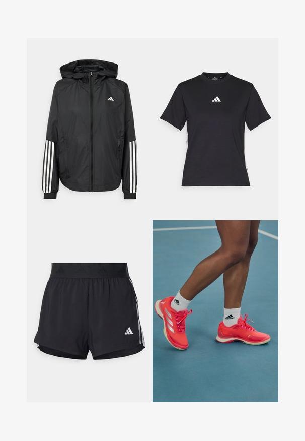 Veste légère noire avec capuche, dotée d'une fermeture à glissière intégrale, de poignets élastiques et d'accents blancs à trois rayures sur les manches.; T-shirt noir à manches courtes en tissu doux. Il présente un logo Adidas blanc et des rayures blanches contrastantes sur les côtés.; Shorts de sport noirs avec une taille élastique, dotés d'une bande texturée, de rayures sur les côtés, et d'un logo Adidas blanc sur l'ourlet inférieur.; Baskets de sport rose vif avec des accents et des lacets blancs, dotées d'une texture lisse et d'une semelle en caoutchouc, portées avec des chaussettes Adidas blanches.