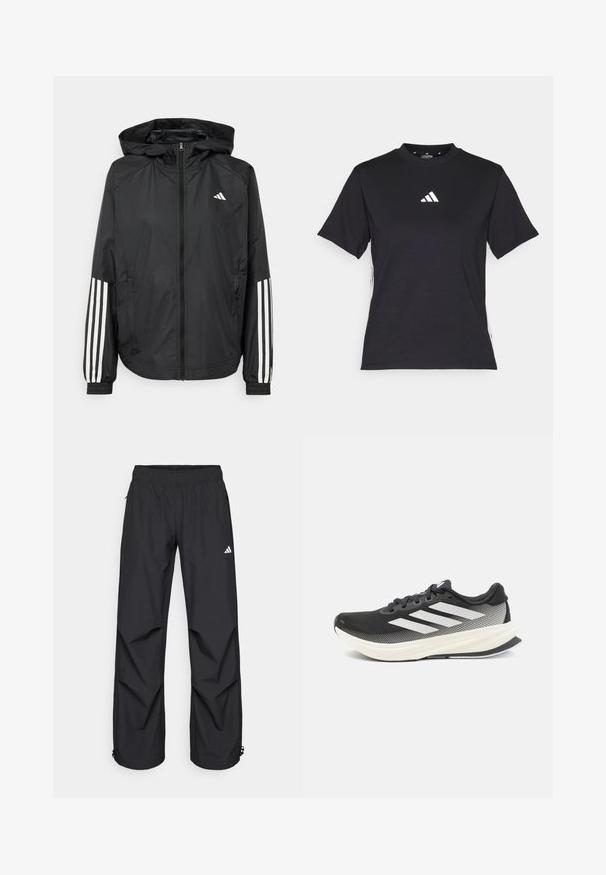 Svart lett jakke med hette, med full glidelås foran, elastiske mansjetter og hvite tre-stripes detaljer på ermene.; Svart T-skjorte med korte ermer laget av mykt stoff. Har en hvit Adidas-logo og kontrasterende hvite striper langs sidene.; Sorte, lette, vanntette bukser med elastisk midje, sidelommer og justerbare mansjetter. Har en hvit logo på venstre lår.; Svart idrettssko med mesh-overdel, hvite detaljer og en tykk hvit såle. Har snøring og en lavprofil design.