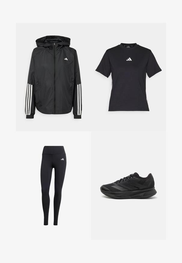 Black lightweight jacket with a hood, featuring a full zip front, elastic cuffs, and white three-stripe accents on sleeves.; Black short-sleeve T-shirt made of soft fabric. Features a white Adidas logo and contrasting white stripes along the sides.; Black leggings made of stretchy material, featuring a high waistband and a small white logo, with a smooth, matte finish.; Black running shoe with a breathable mesh upper, rounded toe, sleek design, textured accents, and a cushioned sole for comfort.
