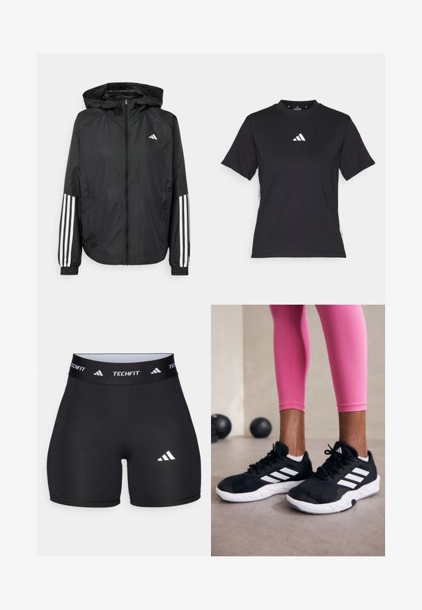 Fekete, könnyű dzseki kapucnival, teljes cipzárral, elasztikus mandzsettákkal és fehér, háromcsíkkal díszített ujjakon.; Fekete, rövid ujjú póló puha anyagból. Fehér Adidas logóval és kontrasztos fehér csíkokkal az oldalin.; Fekete, rugalmas anyagból készült, testhezálló rövidnadrág. Széles fekete derékpánttal rendelkezik, amelyen a "TECHFIT" felirat található, és a lábszáron egy fehér logó van.; Fekete sportcipők fehér csíkokkal, texturált hálós felsőrésszel és fehér talppal. Rózsaszín leggings-szel viselve, bemutatva az edzőruhákat.
