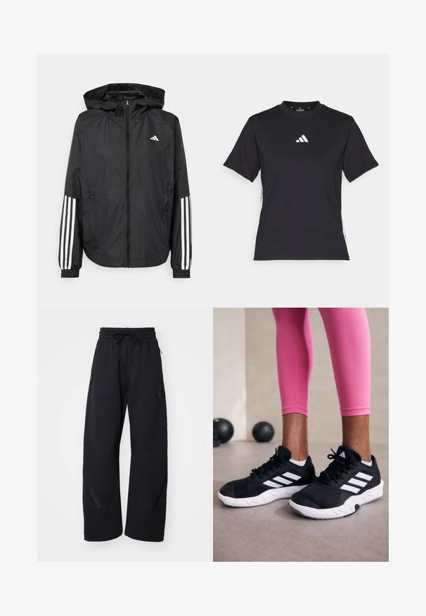 Μαύρο ελαφρύ μπουφάν με κουκούλα, με πλήρη φερμουάρ μπροστά, ελαστικούς καρπούς και λευκές τριπλές ρίγες στα μανίκια.; Μαύρο κοντομάνικο μπλουζάκι φτιαγμένο από μαλακό ύφασμα. Διαθέτει λευκό λογότυπο της Adidas και αντίθετες λευκές ρίγες κατά μήκος των πλαισίων.; Μαύρο αθλητικό παντελόνι με ελαστική μέση, κορδόνι, δύο πλαϊνές τσέπες και διακριτικές ρίγες στα πλάγια. Μαλακή υφή υφάσματος.; Μαύρα αθλητικά παπούτσια με λευκές ρίγες, με επάνω μέρος από υφαντό πλέγμα και λευκή σόλα. Φορεμένα με ροζ κολάν, επιδεικνύοντας ρουχισμό προπόνησης.