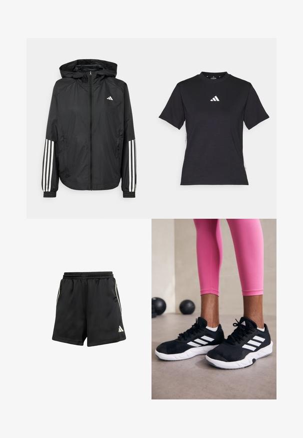 Casaco leve preto com capuz, apresentando um fecho de correr na frente, punhos elásticos e detalhes em branco com três riscas nas mangas.; T-shirt preto de manga curta feito de tecido macio. Apresenta um logo branco da Adidas e riscas brancas em contraste ao longo dos lados.; Calções atléticos pretos com um cós elástico, dois bolsos laterais e detalhes em riscas brancas nas laterais. Feitos de material leve.; Sapatos de treino pretos com riscas brancas, parte superior em malha texturizada e sola branca. Usados com leggings cor-de-rosa, destacando roupa de treino.