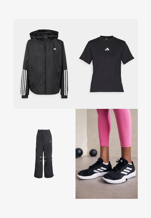 Giacca leggera nera con cappuccio, caratterizzata da una zip frontale completa, polsini elastici e accenti bianchi a tre strisce sulle maniche.; T-shirt nero a maniche corte realizzato in tessuto morbido. Presenta un logo bianco Adidas e strisce bianche a contrasto lungo i lati.; Pantaloni neri a gamba larga con dettagli riflettenti sulle ginocchia, vita alta con passanti per cintura e un logo circolare sulla parte superiore della coscia destra.; Scarpe da ginnastica nere con strisce bianche, parte superiore in mesh testurizzato e suola bianca. Indossate con leggings rosa, a mostrare abbigliamento per l'allenamento.