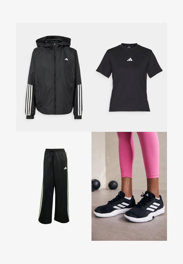 Casaco leve preto com capuz, apresentando um fecho de correr na frente, punhos elásticos e detalhes em branco com três riscas nas mangas.; T-shirt preto de manga curta feito de tecido macio. Apresenta um logo branco da Adidas e riscas brancas em contraste ao longo dos lados.; Calças de treino pretas com um ajuste largo, cinta elástica na cintura, cordão, e riscas brancas nas laterais. Apresenta um logótipo bordado na perna esquerda.; Sapatos de treino pretos com riscas brancas, parte superior em malha texturizada e sola branca. Usados com leggings cor-de-rosa, destacando roupa de treino.