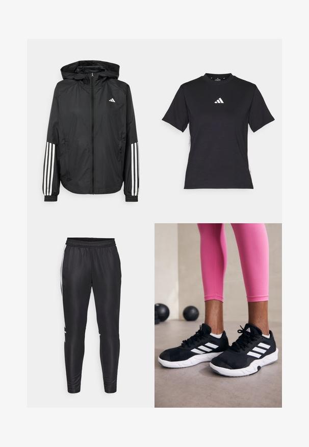 Black lightweight jacket with a hood, featuring a full zip front, elastic cuffs, and white three-stripe accents on sleeves.; Black short-sleeve T-shirt made of soft fabric. Features a white Adidas logo and contrasting white stripes along the sides.; Black athletic pants made of smooth, lightweight material. Features an elastic waistband and white side stripes. Fit is tapered at the ankles.; Black athletic shoes with white stripes, textured mesh upper, and a white sole. Worn with pink leggings, showcasing training apparel.