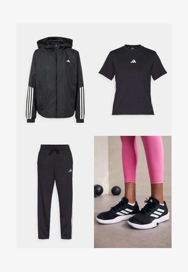 Svart lett jakke med hette, med full glidelås foran, elastiske mansjetter og hvite tre-stripes detaljer på ermene.; Svart T-skjorte med korte ermer laget av mykt stoff. Har en hvit Adidas-logo og kontrasterende hvite striper langs sidene.; Svart joggebukse laget av mykt stoff, med elastisk midje med snor, og hvite sidestiper med en subtil logo detalj.; Svarte treningssko med hvite striper, teksturert mesh-overdel og hvit såle. Brukt med rosa leggings, som viser frem treningsklær.