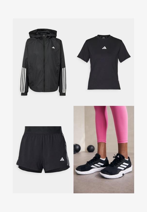 Zwarte lichtgewicht jas met een capuchon, met een volledige ritssluiting aan de voorkant, elastische manchetten en witte accenten met drie strepen op de mouwen.; Zwarte T-shirt met korte mouwen van zacht materiaal. Heeft een wit Adidas-logo en contrasterende witte strepen langs de zijkanten.; Zwarte sportshorts met een elastische tailleband, voorzien van een gestructureerde band, zijstrepen en een wit Adidas-logo op de onderrand.; Zwarte sportschoenen met witte strepen, structuur-mesh bovenwerk en een witte zool. Draagt bij roze leggings, die trainin gskleding laten zien.