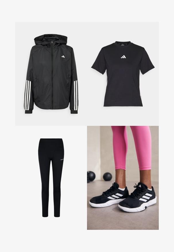 Chaqueta ligera negra con capucha, que cuenta con un cierre frontal de cremallera completa, puños elásticos y acentos blancos de tres rayas en las mangas.; Camiseta negra de manga corta hecha de una tela suave. Presenta un logo blanco de Adidas y rayas blancas en contraste a lo largo de los lados.; Leggings negros hechos de tela elástica, con una cintura alta y un pequeño logo en el muslo izquierdo, diseñados para la comodidad y la movilidad.; Zapatillas deportivas negras con rayas blancas, parte superior de malla texturizada y suela blanca. Combinadas con leggings rosa, exhibiendo ropa de entrenamiento.