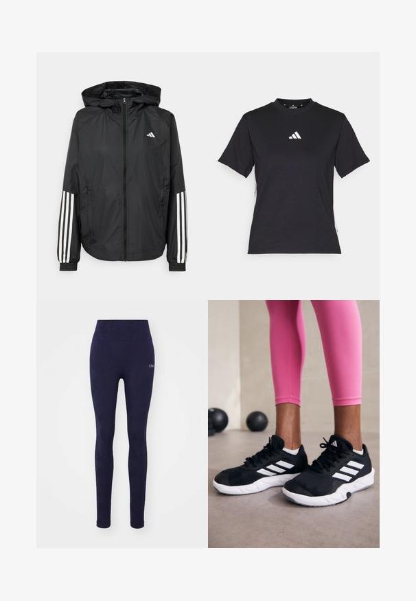 Czarna, lekka kurtka z kapturem, z pełnym zapięciem na zamek, elastycznymi mankietami i białymi, trzema paskami na rękawach.; Czarny T-shirt z krótkim rękawem wykonany z miękkiego materiału. Posiada białe logo Adidas oraz kontrastowe białe paski po bokach.; Granatowe legginsy z wysokim stanem, wykonane z elastycznego materiału, z delikatnym wzorem i małym logo na lewej udzie.; Czarne sportowe buty z białymi paskami, teksturowana siateczkowa cholewka i biała podeszwa. Nosi je osoba w różowych legginsach, prezentując odzież treningową.