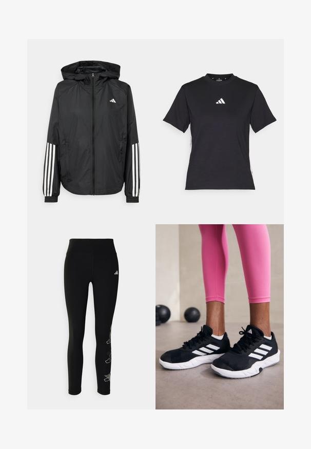 Črna lahka jakna s kapuco, z polnim zadrgo spredaj, elastikami na zapestjih in belimi tridelnimi poudarki na rokavih.; Črna kratkotrajna majica z mehkimi tkaninami. Ima bel logo Adidas in kontrastne bele črte ob straneh.; Črne legice iz raztegljivega materiala, z visokim pasom in odsevnim logotipom na boku, ter geometričnim okrasnim dizajnom na nogi.; Črne športne čevlje z belimi črtami, teksturirano mrežasto zgornjišče in belo podplat. Obuti z roza legginsom, ki prikazujejo športno obleko.