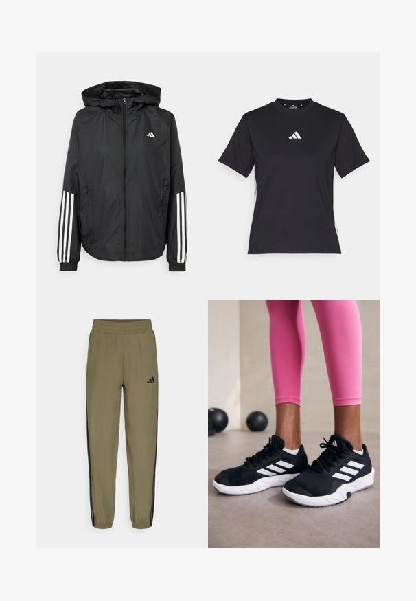 Sort letvægtsjakke med hætte, der har fuld lynlås fortil, elastiske manchetter og hvide tre-stribede detaljer på ærmerne.; Sort kortærmet T-shirt lavet af blødt stof. Har et hvidt Adidas-logo og kontrastfarvede hvide striber langs siderne.; Oliven grønne træningsbukser med elastisk talje, sorte sidelister og Adidas-logo. Fremstillet af blødt, let materiale.; Sorte sportssko med hvide striber, tekstureret mesh-overdel og en hvid sål. Bæres med pink leggings, der fremhæver træningstøj.