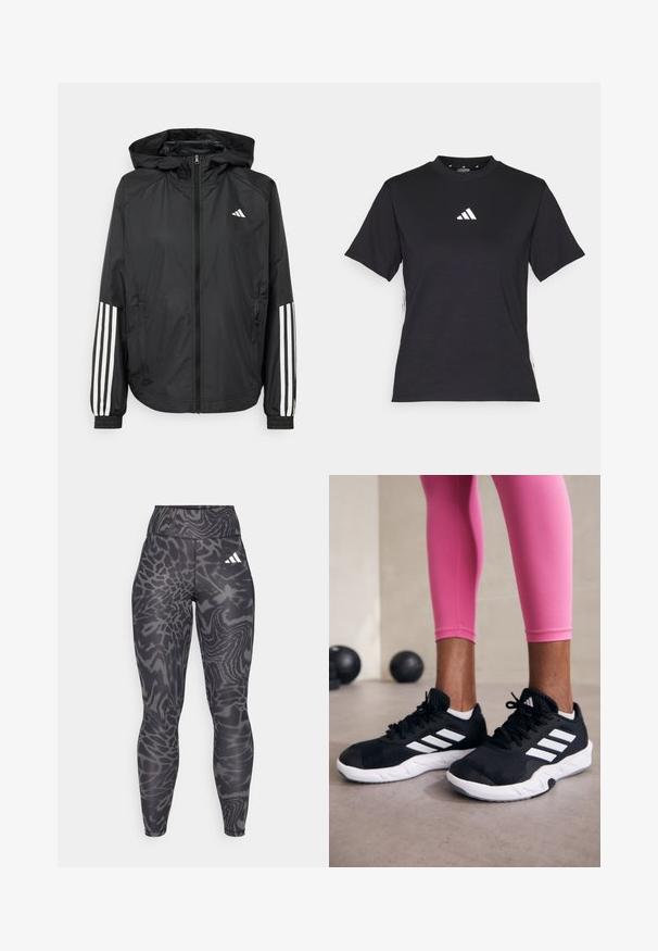 Svart lett jakke med hette, med full glidelås foran, elastiske mansjetter og hvite tre-stripes detaljer på ermene.; Svart T-skjorte med korte ermer laget av mykt stoff. Har en hvit Adidas-logo og kontrasterende hvite striper langs sidene.; Sorte leggings med et teksturert, abstrakt mønster i nyanser av grått, med høy midje og en hvit logo på hoften.; Svarte treningssko med hvite striper, teksturert mesh-overdel og hvit såle. Brukt med rosa leggings, som viser frem treningsklær.