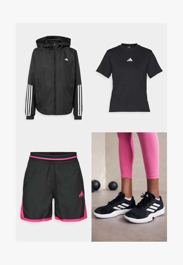 Juodas lengvas džemperis su gobtuvu, turi pilną užtrauktuką priekyje, elastingas rankovių gumytes ir baltus tris juostų akcentus ant rankovių.; Juodas trumpomis rankovėmis marškinėliai, pagaminti iš švelnios medžiagos. Yra baltas Adidas logotipas ir kontrastingos baltos juostos šonuose.; Juodi sportiniai šortai su rožiniu elastingu juosmeniu ir šoninėmis detalėmis. Pagaminti iš lengvos medžiagos, su "Adidas" logotipu.; Juodi sportiniai bateliai su baltais dryžiais, tekstūruota tinklinė viršutinė dalis ir balti padai. Dėvimi su rožiniais leggingais, demonstruojant treniruočių aprangą.