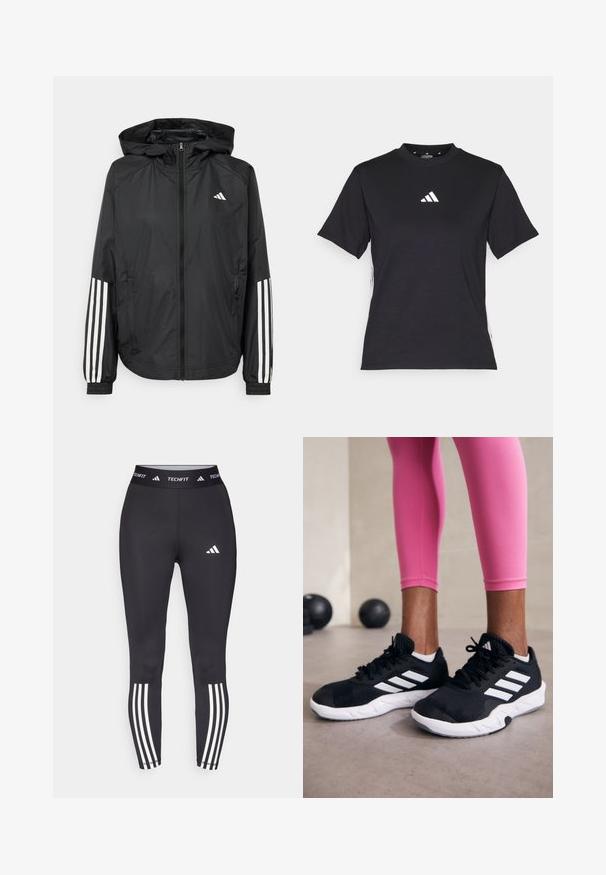 Črna lahka jakna s kapuco, z polnim zadrgo spredaj, elastikami na zapestjih in belimi tridelnimi poudarki na rokavih.; Črna kratkotrajna majica z mehkimi tkaninami. Ima bel logo Adidas in kontrastne bele črte ob straneh.; Črne športne legice z oprijetim dizajnom, ki vključujejo TECHFIT pas in tri bele črte na manšetah. Gladka tekstura.; Črne športne čevlje z belimi črtami, teksturirano mrežasto zgornjišče in belo podplat. Obuti z roza legginsom, ki prikazujejo športno obleko.
