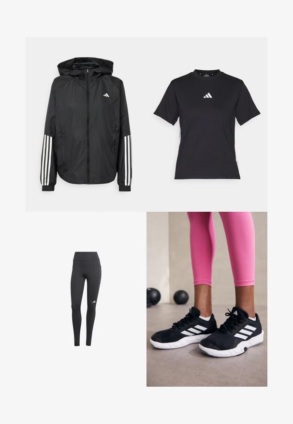 Mustikas kerge jope kapuutsiga, eesmise täispika zipiga, elastsete varrukate ja valgete kolme triibu aktsentidega varrukatel.; Must have lühikeste varrukatega T-särk, mis on valmistatud pehmest kangast. Esiküljel on valge Adidas logo ja kontrastsed valged triibud külgedel.; Mustad sportlikud retuusid kõrge vöökoha ja küljetaskuga, alumisel vasakul jalal valge logo. Materjal näib olevat hingav.; Mustad must sportlikud jalanõud valgete triipudega, tekstureeritud võrkkattega ülemine osa ja valge tallaga. Kombineeritud roosade retuusidega, tutvustades treeningriideid.
