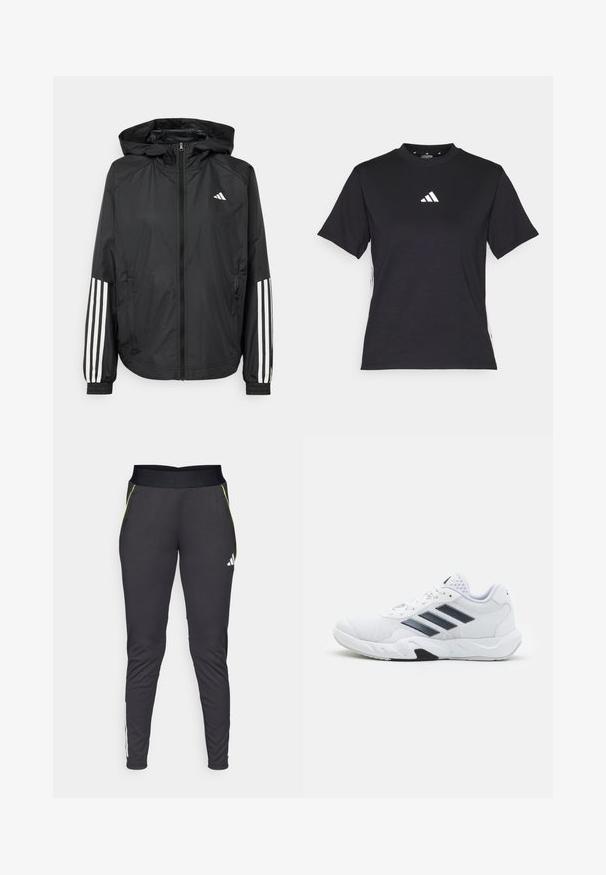 Black lightweight jacket with a hood, featuring a full zip front, elastic cuffs, and white three-stripe accents on sleeves.; Black short-sleeve T-shirt made of soft fabric. Features a white Adidas logo and contrasting white stripes along the sides.; Black athletic pants made of smooth fabric. Features a wide waistband, side pockets with lime green accents, and white branding.; White athletic shoe with mesh upper, three black stripes on the side, textured accents, and a sturdy rubber sole with a contrasting black section.