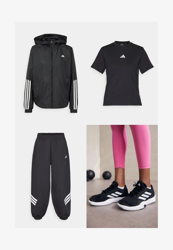 Casaco leve preto com capuz, apresentando um fecho de correr na frente, punhos elásticos e detalhes em branco com três riscas nas mangas.; T-shirt preto de manga curta feito de tecido macio. Apresenta um logo branco da Adidas e riscas brancas em contraste ao longo dos lados.; adidas Sportswear FUTURE ICONS THREE STRIPES PARACHUTE - Calças de fato de treino - black; Sapatos de treino pretos com riscas brancas, parte superior em malha texturizada e sola branca. Usados com leggings cor-de-rosa, destacando roupa de treino.
