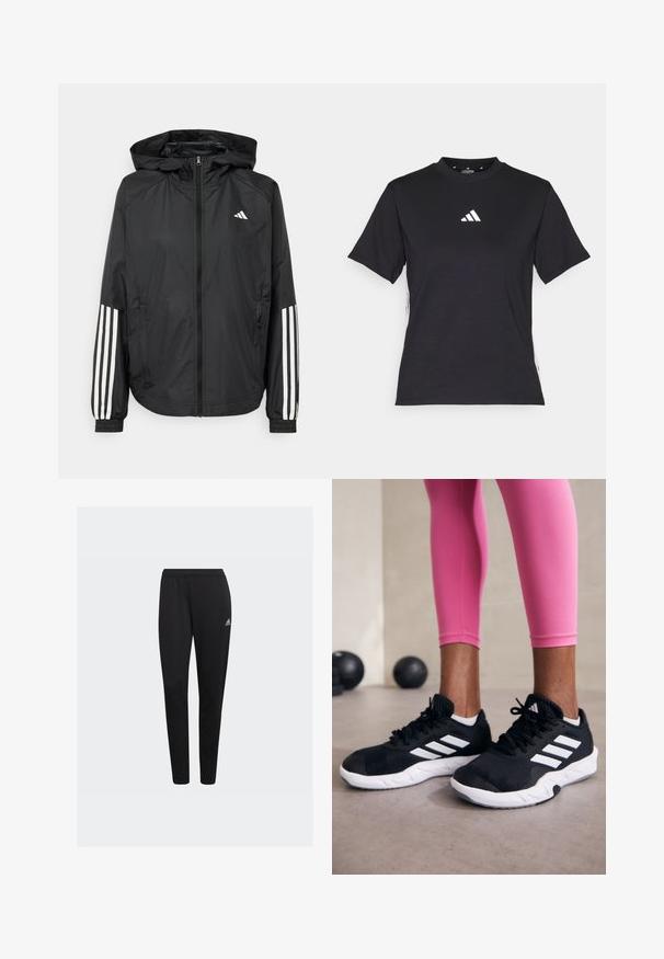 Chaqueta ligera negra con capucha, que cuenta con un cierre frontal de cremallera completa, puños elásticos y acentos blancos de tres rayas en las mangas.; Camiseta negra de manga corta hecha de una tela suave. Presenta un logo blanco de Adidas y rayas blancas en contraste a lo largo de los lados.; Pantalones deportivos negros confeccionados en un material elástico, con una cinturilla elástica y un pequeño logo blanco de Adidas en la cadera izquierda. Diseño ajustado.; Zapatillas deportivas negras con rayas blancas, parte superior de malla texturizada y suela blanca. Combinadas con leggings rosa, exhibiendo ropa de entrenamiento.