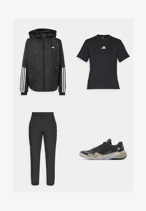 Black lightweight jacket with a hood, featuring a full zip front, elastic cuffs, and white three-stripe accents on sleeves.; Black short-sleeve T-shirt made of soft fabric. Features a white Adidas logo and contrasting white stripes along the sides.; Champion C-TECH WIDE LEG PANTS - Trousers - black; Black and beige athletic shoe with textured upper, prominent sole design, reflective accents, and lacing system. Lightweight construction.