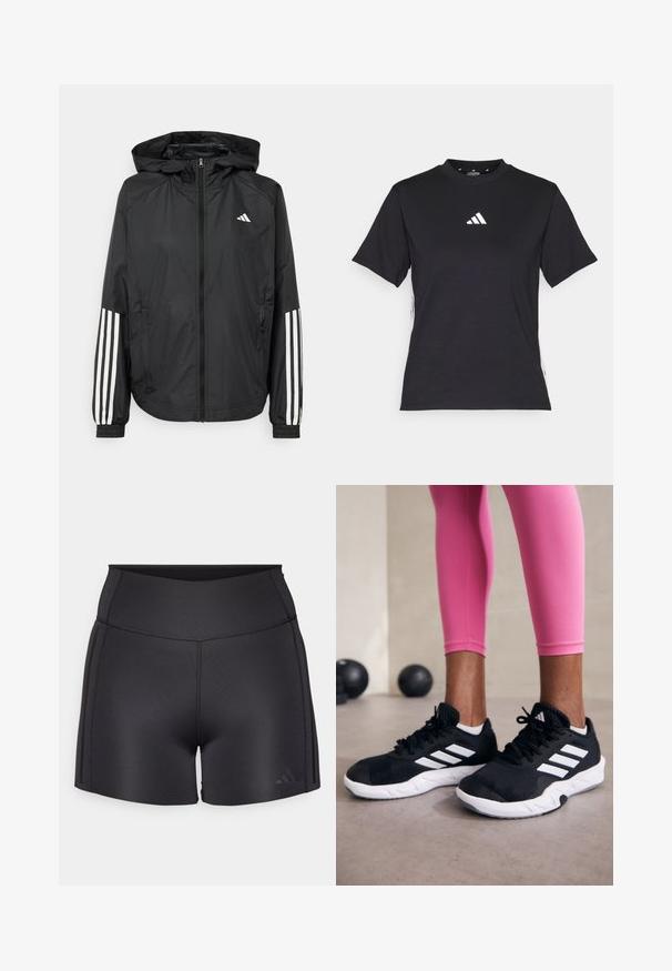 Schwarze, leichte Jacke mit Kapuze, die einen durchgehenden Reißverschluss, elastische Bündchen und weiße dreistreifige Akzente an den Ärmeln aufweist.; Schwarzes T-Shirt mit kurzen Ärmeln aus weichem Stoff. Mit einem weißen Adidas-Logo und kontrastierenden weißen Streifen an den Seiten.; Schwarze Sportshorts aus elastischem Material, ausgestattet mit einem hohen Bund, flachen Nähten und einem dezenten Adidas-Logo in der unteren Ecke.; Schwarze Sportschuhe mit weißen Streifen, strukturiertem Mesh-Obermaterial und einer weißen Sohle. Kombiniert mit pinken Leggings, die Trainingsbekleidung zur Schau stellen.