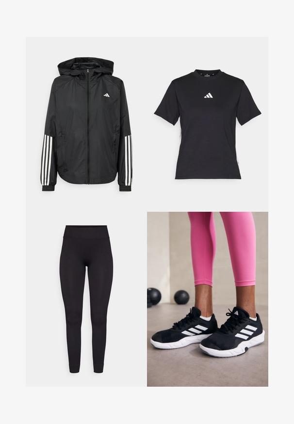 Giacca leggera nera con cappuccio, caratterizzata da una zip frontale completa, polsini elastici e accenti bianchi a tre strisce sulle maniche.; T-shirt nero a maniche corte realizzato in tessuto morbido. Presenta un logo bianco Adidas e strisce bianche a contrasto lungo i lati.; Leggings neri a coste con vita alta, materiale elastico e design aderente, che si stringono alla caviglia senza motivi o accenti aggiuntivi.; Scarpe da ginnastica nere con strisce bianche, parte superiore in mesh testurizzato e suola bianca. Indossate con leggings rosa, a mostrare abbigliamento per l'allenamento.