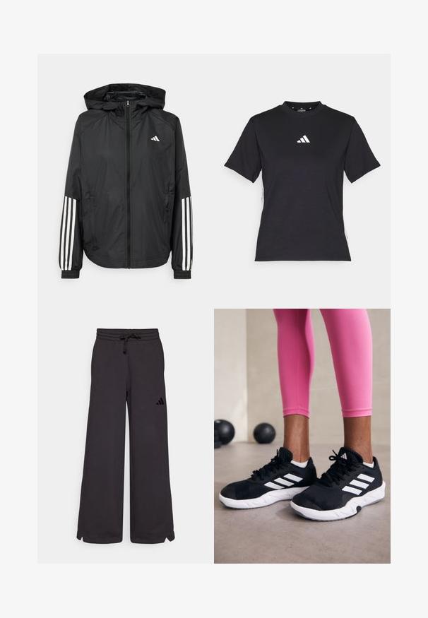 Casaco leve preto com capuz, apresentando um fecho de correr na frente, punhos elásticos e detalhes em branco com três riscas nas mangas.; T-shirt preto de manga curta feito de tecido macio. Apresenta um logo branco da Adidas e riscas brancas em contraste ao longo dos lados.; Calças de fato pretas com um corte largo, cintura elástica, cordão e aberturas laterais na parte inferior. Apresenta um logo preto na perna esquerda.; Sapatos de treino pretos com riscas brancas, parte superior em malha texturizada e sola branca. Usados com leggings cor-de-rosa, destacando roupa de treino.