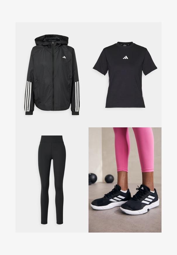 Schwarze, leichte Jacke mit Kapuze, die einen durchgehenden Reißverschluss, elastische Bündchen und weiße dreistreifige Akzente an den Ärmeln aufweist.; Schwarzes T-Shirt mit kurzen Ärmeln aus weichem Stoff. Mit einem weißen Adidas-Logo und kontrastierenden weißen Streifen an den Seiten.; Schwarze Leggings aus einem dehnbaren Material mit einem hohen Bund, featuring eine glatte Textur und keine sichtbaren Muster oder Akzente.; Schwarze Sportschuhe mit weißen Streifen, strukturiertem Mesh-Obermaterial und einer weißen Sohle. Kombiniert mit pinken Leggings, die Trainingsbekleidung zur Schau stellen.