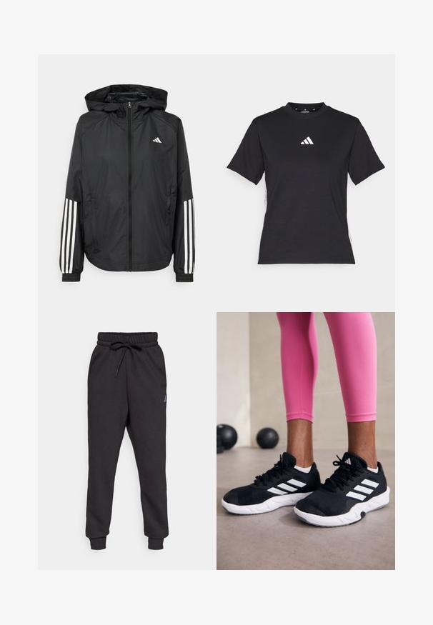 Svart lätt jacka med huva, som har full dragkedja framtill, elastiska ärmslut och vita tre-stripes accenter på ärmarna.; Svart kortärmad T-shirt i mjukt material. Har en vit Adidas-logotyp och kontrasterande vita ränder längs sidorna.; Svarta sweatpants i mjukt material, med elastisk midja och snörning samt avsmalnande ben. Diskret logotyp på sidan.; Svarta sportskor med vita ränder, texturerat meshupp, och en vit sula. Bärs med rosa leggings, vilket visar träningskläder.