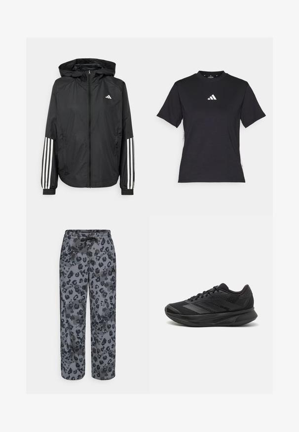 Casaco leve preto com capuz, apresentando um fecho de correr na frente, punhos elásticos e detalhes em branco com três riscas nas mangas.; T-shirt preto de manga curta feito de tecido macio. Apresenta um logo branco da Adidas e riscas brancas em contraste ao longo dos lados.; Calças de moletão com padrão de leopardo em tons de cinza, com cintura elástica, design de perna larga e textura de tecido suave.; Sapatilha de corrida preta com parte superior em malha respirável, bico arredondado, design elegante, detalhes texturizados e sola acolchoada para conforto.