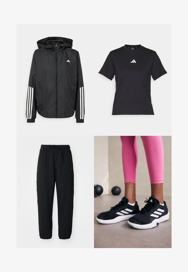 Melnā vieglā jaka ar kapuci, ar pilnu rāvējslēdzēju priekšā, elastīgām aprocēm un baltām trīs svītru akcentiem uz piedurknēm.; Melnā īsās piedurknēs T-kreklā, kas izgatavots no mīksta auduma. Ar baltu Adidas logo un kontrastējošām baltām svītrām sānos.; Melni sporta bikses, kas izgatavotas no mīksta auduma, ar elastīgu jostu un aukliņu. Šauras kājas ar elastīgiem manšetiem pie potītēm.; Melnas sporta kurpes ar baltām svītrām, teksturēta sieta augšdaļa un balta zole. Nēsātas ar rozā legingiem, demonstrējot treniņu apģērbu.