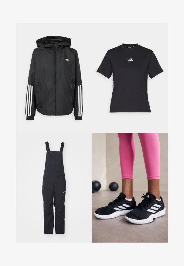 Juodas lengvas džemperis su gobtuvu, turi pilną užtrauktuką priekyje, elastingas rankovių gumytes ir baltus tris juostų akcentus ant rankovių.; Juodas trumpomis rankovėmis marškinėliai, pagaminti iš švelnios medžiagos. Yra baltas Adidas logotipas ir kontrastingos baltos juostos šonuose.; adidas Terrex XPERIOR TWO-LAYER INSULATED BIB - Slidinėjimo kelnės - black white; Juodi sportiniai bateliai su baltais dryžiais, tekstūruota tinklinė viršutinė dalis ir balti padai. Dėvimi su rožiniais leggingais, demonstruojant treniruočių aprangą.