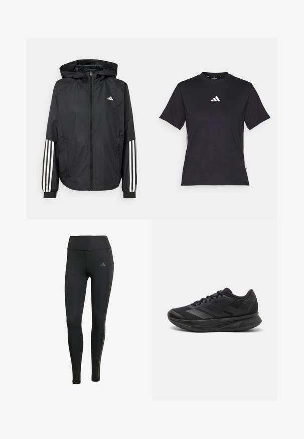 Juodas lengvas džemperis su gobtuvu, turi pilną užtrauktuką priekyje, elastingas rankovių gumytes ir baltus tris juostų akcentus ant rankovių.; Juodas trumpomis rankovėmis marškinėliai, pagaminti iš švelnios medžiagos. Yra baltas Adidas logotipas ir kontrastingos baltos juostos šonuose.; Juodos sportinės tamprės, pagamintos iš elastingos medžiagos, su aukštu liemeniu, toninėmis siūlėmis ir mažuoju logotipu kairėje šlaunies viršutinėje dalyje.; Juodas bėgimo batelis su kvėpuojančiu tinkliniu viršumi, suapvalintu kojų pirštu, stilingu dizainu, tekstūruotais akcentais ir paminkštintu padu komfortui.