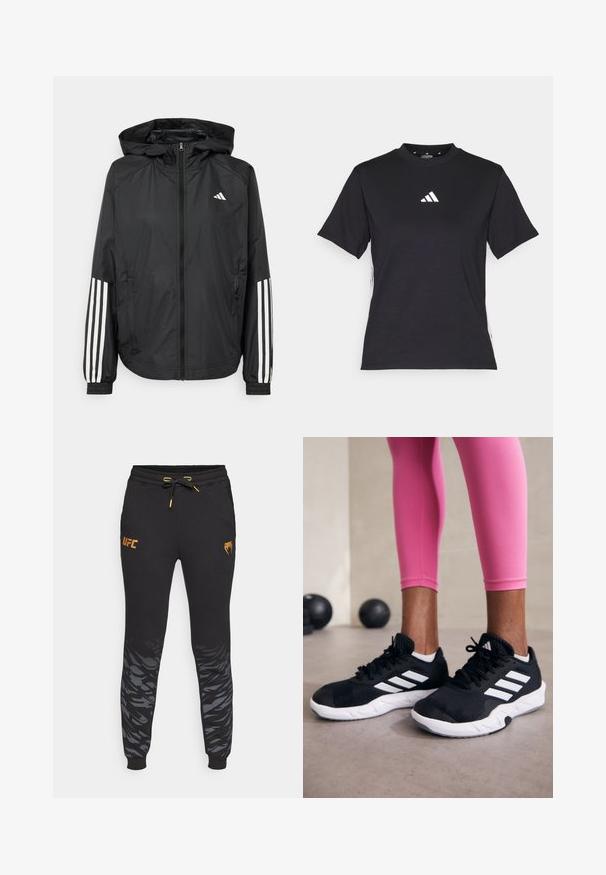 Black lightweight jacket with a hood, featuring a full zip front, elastic cuffs, and white three-stripe accents on sleeves.; Black short-sleeve T-shirt made of soft fabric. Features a white Adidas logo and contrasting white stripes along the sides.; Black sweatpants with a tapered fit, featuring elastic waistband, drawstring, golden UFC logo, and a grey abstract pattern on the lower legs.; Black athletic shoes with white stripes, textured mesh upper, and a white sole. Worn with pink leggings, showcasing training apparel.