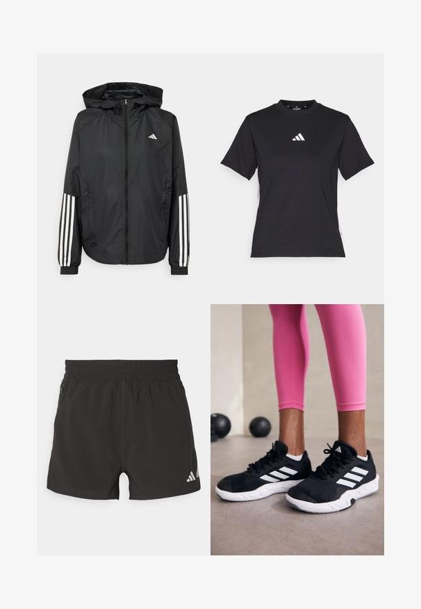 Schwarze, leichte Jacke mit Kapuze, die einen durchgehenden Reißverschluss, elastische Bündchen und weiße dreistreifige Akzente an den Ärmeln aufweist.; Schwarzes T-Shirt mit kurzen Ärmeln aus weichem Stoff. Mit einem weißen Adidas-Logo und kontrastierenden weißen Streifen an den Seiten.; Schwarze sportliche Shorts aus leichtem Stoff. Mit elastischem Bund, seitlicher Reißverschlusstasche und einem reflektierenden Logo am Saum.; Schwarze Sportschuhe mit weißen Streifen, strukturiertem Mesh-Obermaterial und einer weißen Sohle. Kombiniert mit pinken Leggings, die Trainingsbekleidung zur Schau stellen.