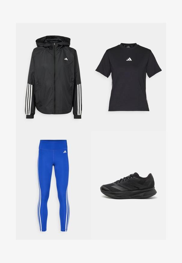 Musta kevyt takki hupparilla, jossa on täysipitkä vetoketju, elastiset hihansuut ja valkoiset kolmonauha-tyyliset yksityiskohdat hihoissa.; Mustat lyhythihaiset T-paidat, jotka on valmistettu pehmeästä kankaasta. Siinä on valkoinen Adidas-logo ja erottuvat valkoiset raidat sivuilla.; adidas Performance ESSENTIALS STRIPES HIGH WAISTED - Trikoot - semi lucid blue; Mustat juoksukengät, joissa on hengittävä verkkoyläosa, pyöreä varvas, sulavalinjainen muotoilu, teksturoidut yksityiskohdat ja pehmustettu pohja mukavuutta varten.