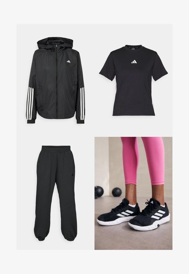 Casaco leve preto com capuz, apresentando um fecho de correr na frente, punhos elásticos e detalhes em branco com três riscas nas mangas.; T-shirt preto de manga curta feito de tecido macio. Apresenta um logo branco da Adidas e riscas brancas em contraste ao longo dos lados.; Calças de fato de treino pretas feitas de um tecido macio, com um cós elástico, punhos afunilados e um pequeno logótipo na coxa esquerda.; Sapatos de treino pretos com riscas brancas, parte superior em malha texturizada e sola branca. Usados com leggings cor-de-rosa, destacando roupa de treino.