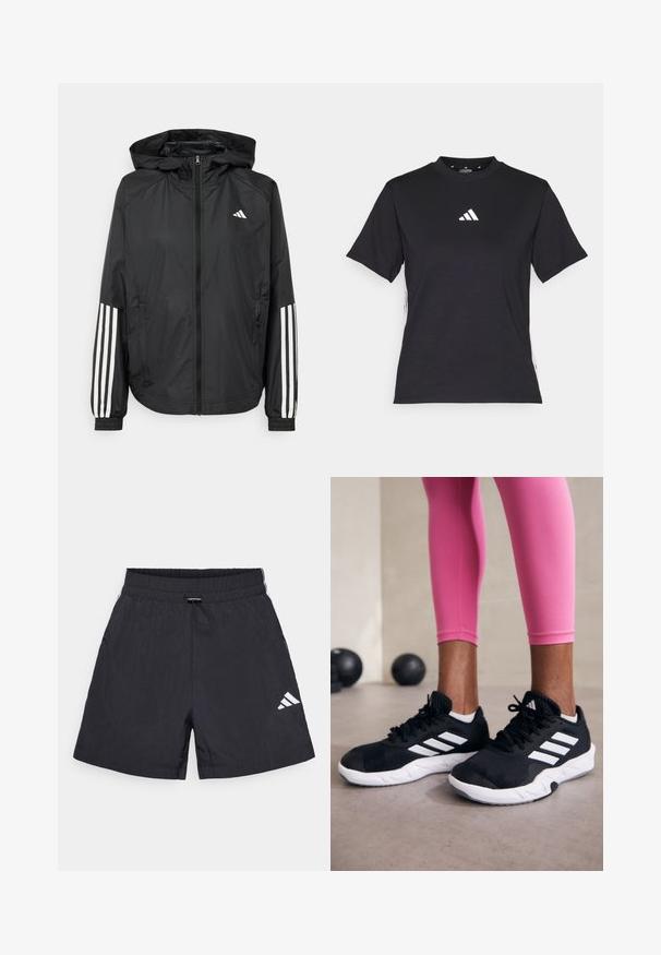 Černá lehká bunda s kapucí, která má plný zip vpředu, elastické manžety a bílé třípruhové akcenty na rukávech.; Černé tričko s krátkým rukávem vyrobené z měkké tkaniny. Má bílé logo Adidas a kontrastní bílé pruhy po stranách.; Černé sportovní šortky vyrobené z lehkého materiálu, s elastickým pasem, šňůrkou a bílým logem na dolní straně.; Černé sportovní boty s bílými pruhy, texturovaný síťovinový svršek a bílá podrážka. Nosené s růžovými legínami, které předvádějí tréninkové oblečení.