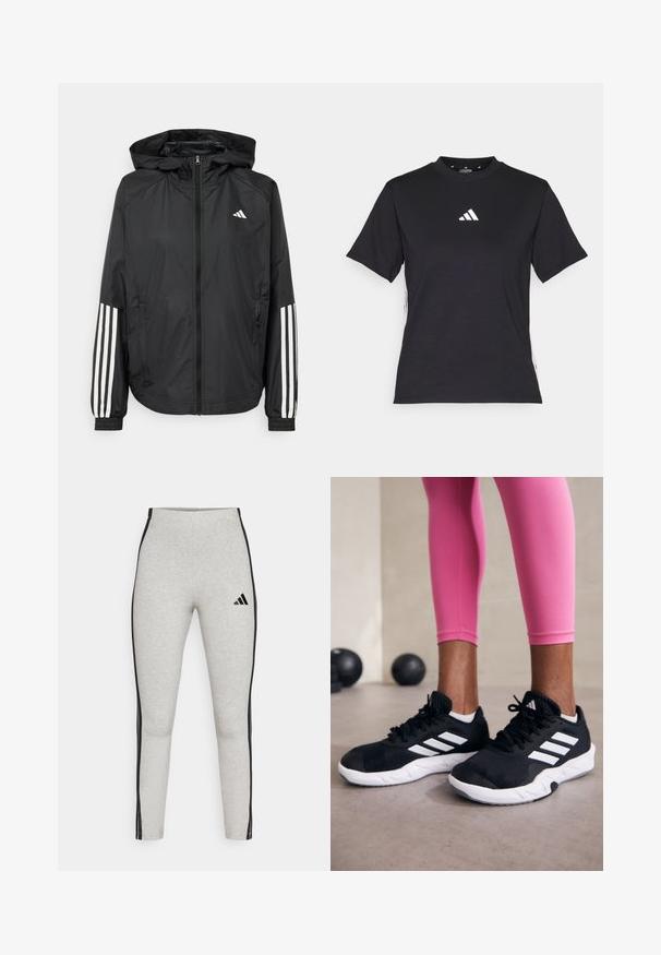 Fekete, könnyű dzseki kapucnival, teljes cipzárral, elasztikus mandzsettákkal és fehér, háromcsíkkal díszített ujjakon.; Fekete, rövid ujjú póló puha anyagból. Fehér Adidas logóval és kontrasztos fehér csíkokkal az oldalin.; Szürke, magas derekú leggings fekete oldalsávokkal, puha anyagból készült. Elől egy kis fekete Adidas logó található.; Fekete sportcipők fehér csíkokkal, texturált hálós felsőrésszel és fehér talppal. Rózsaszín leggings-szel viselve, bemutatva az edzőruhákat.