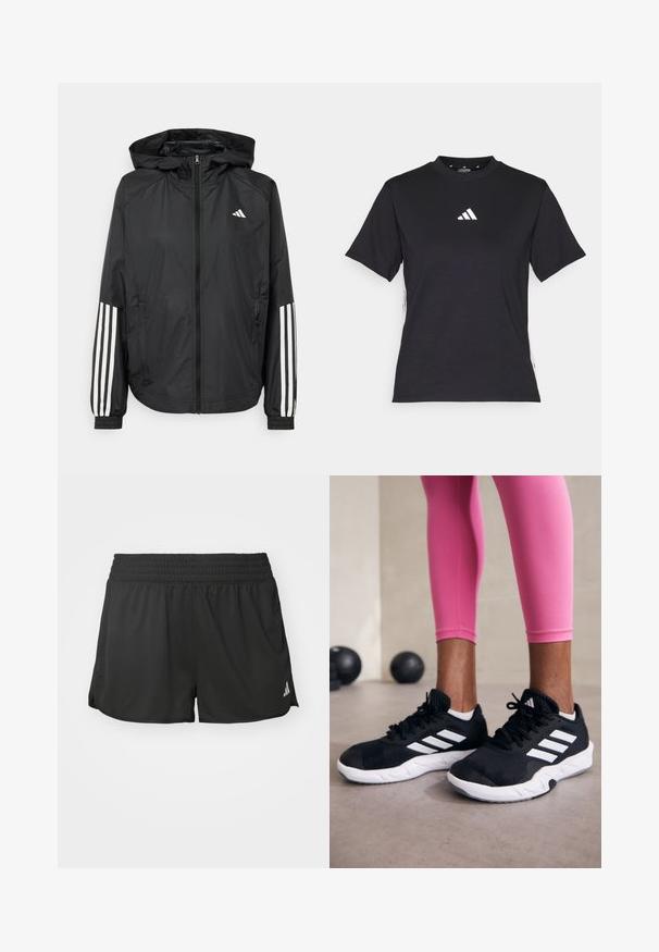 Črna lahka jakna s kapuco, z polnim zadrgo spredaj, elastikami na zapestjih in belimi tridelnimi poudarki na rokavih.; Črna kratkotrajna majica z mehkimi tkaninami. Ima bel logo Adidas in kontrastne bele črte ob straneh.; Črne atletske kratke hlače z elastičnim pasom, stranskimi razporki in majhnim belim logotipom na spodnjem desnem delu. Narejene iz lahkega, gladkega materiala.; Črne športne čevlje z belimi črtami, teksturirano mrežasto zgornjišče in belo podplat. Obuti z roza legginsom, ki prikazujejo športno obleko.