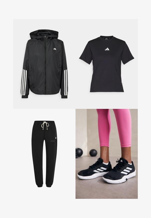Črna lahka jakna s kapuco, z polnim zadrgo spredaj, elastikami na zapestjih in belimi tridelnimi poudarki na rokavih.; Črna kratkotrajna majica z mehkimi tkaninami. Ima bel logo Adidas in kontrastne bele črte ob straneh.; Črne športne hlače iz mehkega blaga, ki imajo elastični pas z vrvico, elastične manšete in mali izvezen logotip.; Črne športne čevlje z belimi črtami, teksturirano mrežasto zgornjišče in belo podplat. Obuti z roza legginsom, ki prikazujejo športno obleko.