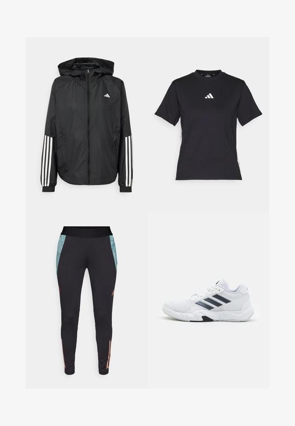 Black lightweight jacket with a hood, featuring a full zip front, elastic cuffs, and white three-stripe accents on sleeves.; Black short-sleeve T-shirt made of soft fabric. Features a white Adidas logo and contrasting white stripes along the sides.; Black athletic pants with a high waistband, side panels in light turquoise, and subtle coral accents on the lower legs.; White athletic shoe with mesh upper, three black stripes on the side, textured accents, and a sturdy rubber sole with a contrasting black section.