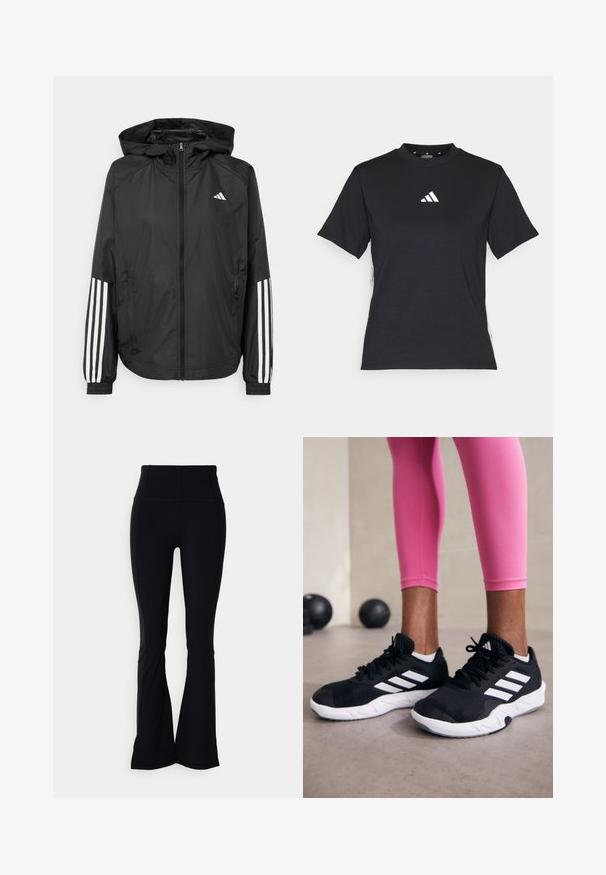 Melnā vieglā jaka ar kapuci, ar pilnu rāvējslēdzēju priekšā, elastīgām aprocēm un baltām trīs svītru akcentiem uz piedurknēm.; Melnā īsās piedurknēs T-kreklā, kas izgatavots no mīksta auduma. Ar baltu Adidas logo un kontrastējošām baltām svītrām sānos.; Melni flared leggings ar augstu jostasvietu, izgatavoti no gludas, elastīgas materiāla. Iekļauj vertikālas šuvju līnijas, lai pievienotu dizaina detaļas.; Melnas sporta kurpes ar baltām svītrām, teksturēta sieta augšdaļa un balta zole. Nēsātas ar rozā legingiem, demonstrējot treniņu apģērbu.