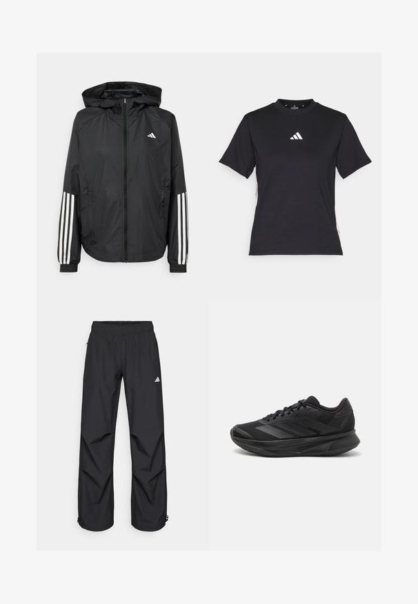 Black lightweight jacket with a hood, featuring a full zip front, elastic cuffs, and white three-stripe accents on sleeves.; Black short-sleeve T-shirt made of soft fabric. Features a white Adidas logo and contrasting white stripes along the sides.; Black, lightweight, waterproof pants with an elastic waistband, side pockets, and adjustable cuffs. Features a white logo on the left thigh.; Black running shoe with a breathable mesh upper, rounded toe, sleek design, textured accents, and a cushioned sole for comfort.